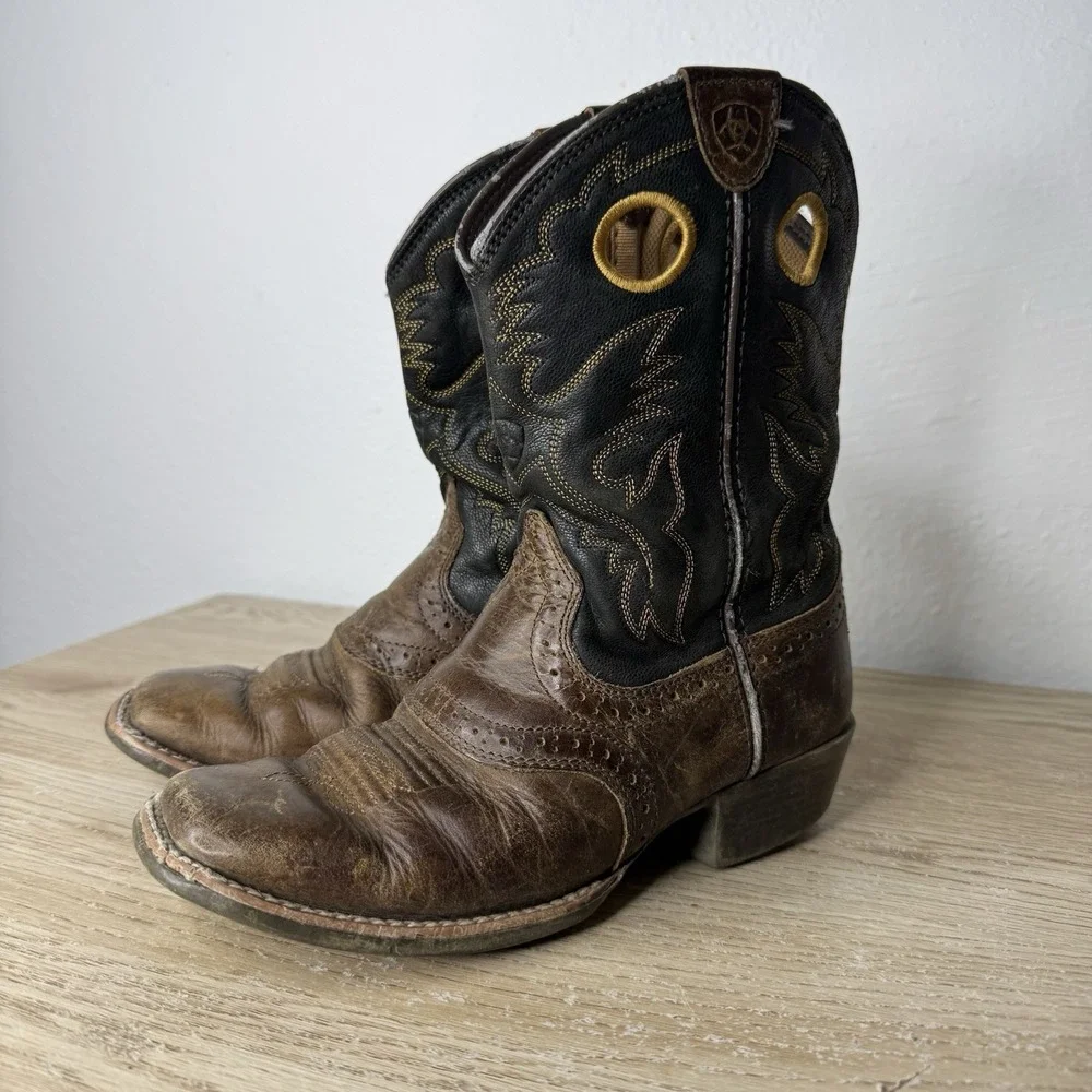 Ariat Heritage Roughstock Brown & Black Leather Western Cowboy Boots Kids Size 1